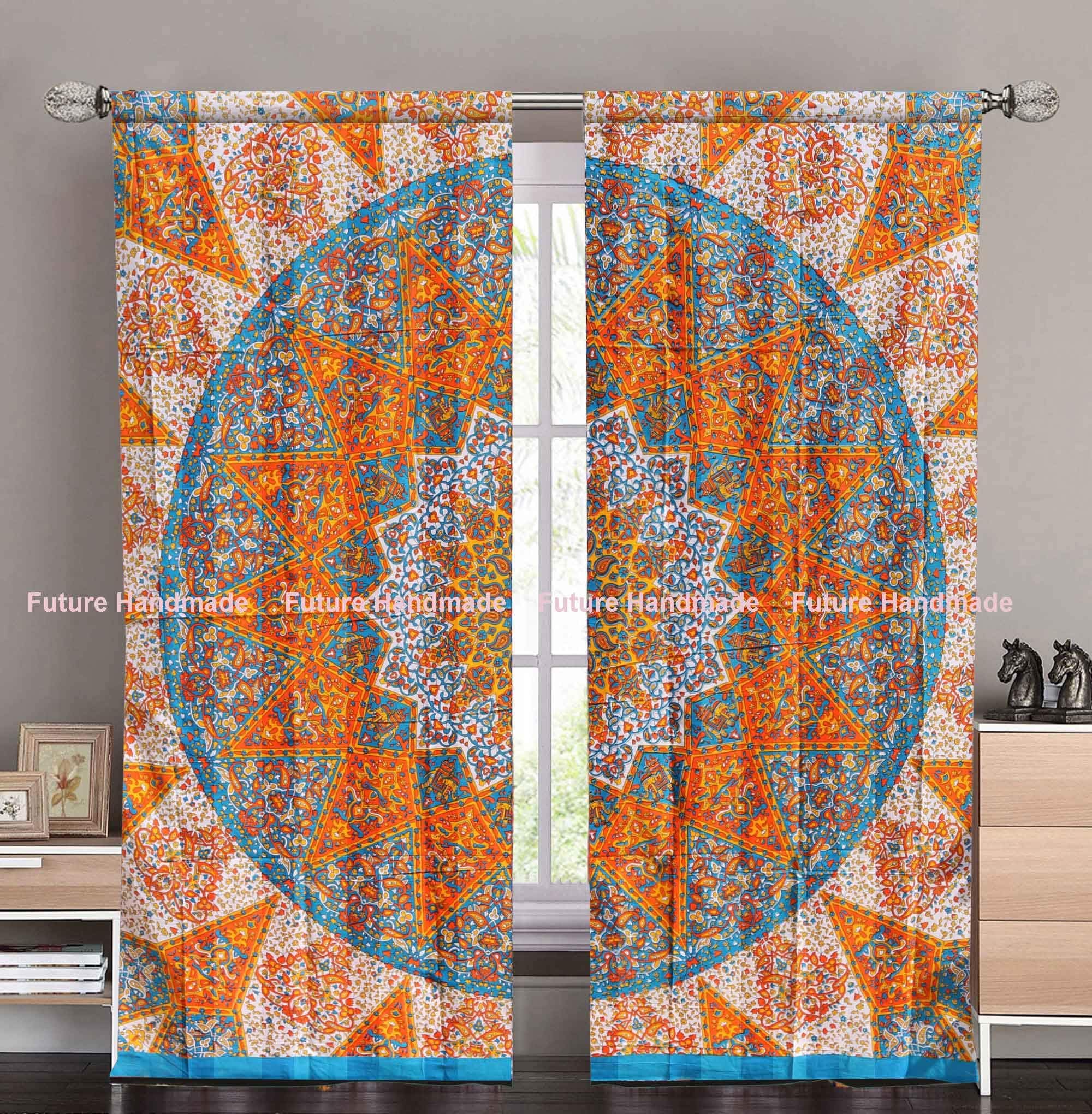 Future Handmade Orange Star Mandala Door Window Curtain Hippie Curtain Balcony Room Divider Wall Curtains Window Treatments Drapes Curtain Set (2x W42 xL82, Design 1)