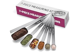 FineDine Premium Stainless Steel Measuring Spoons set - 7-Piece Kitchen Spoons With Leveler - Slim Design Fits In Spice Jars - Metal Spoon Set for Dry, Liquid Ingredients Cooking & Baking.