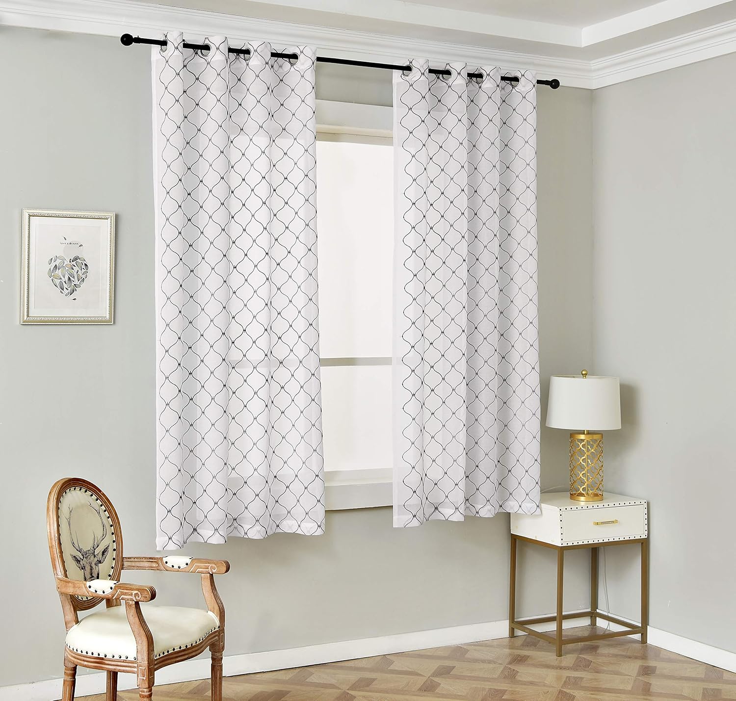 Grey and White Sheer Curtains for Bedroom Geometric