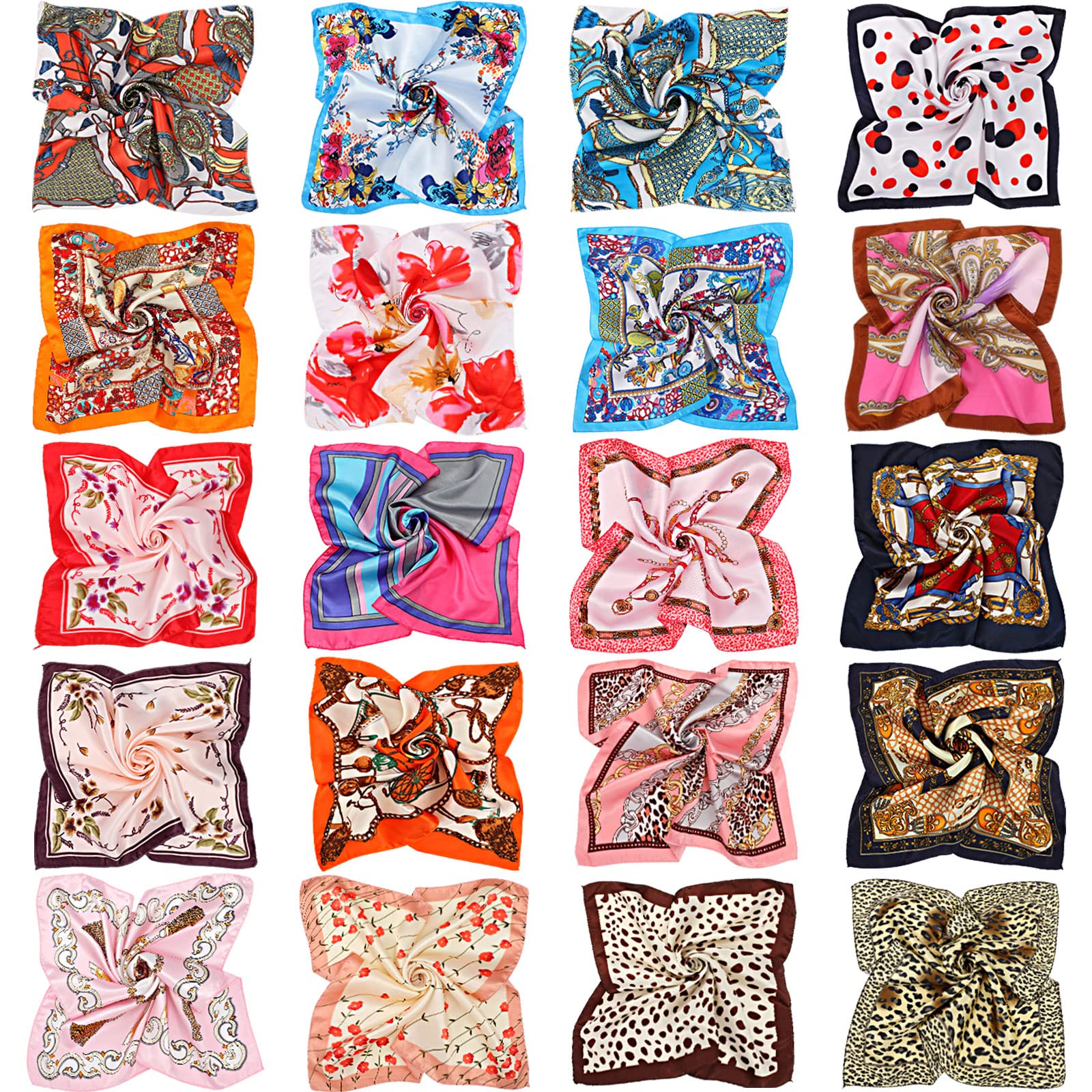 Photo 1 of 20 Pieces Women Satin Square Scarf Mixed Color Small Silk Neck Scarf for Women Favors, Random Color(Classic Patterns)