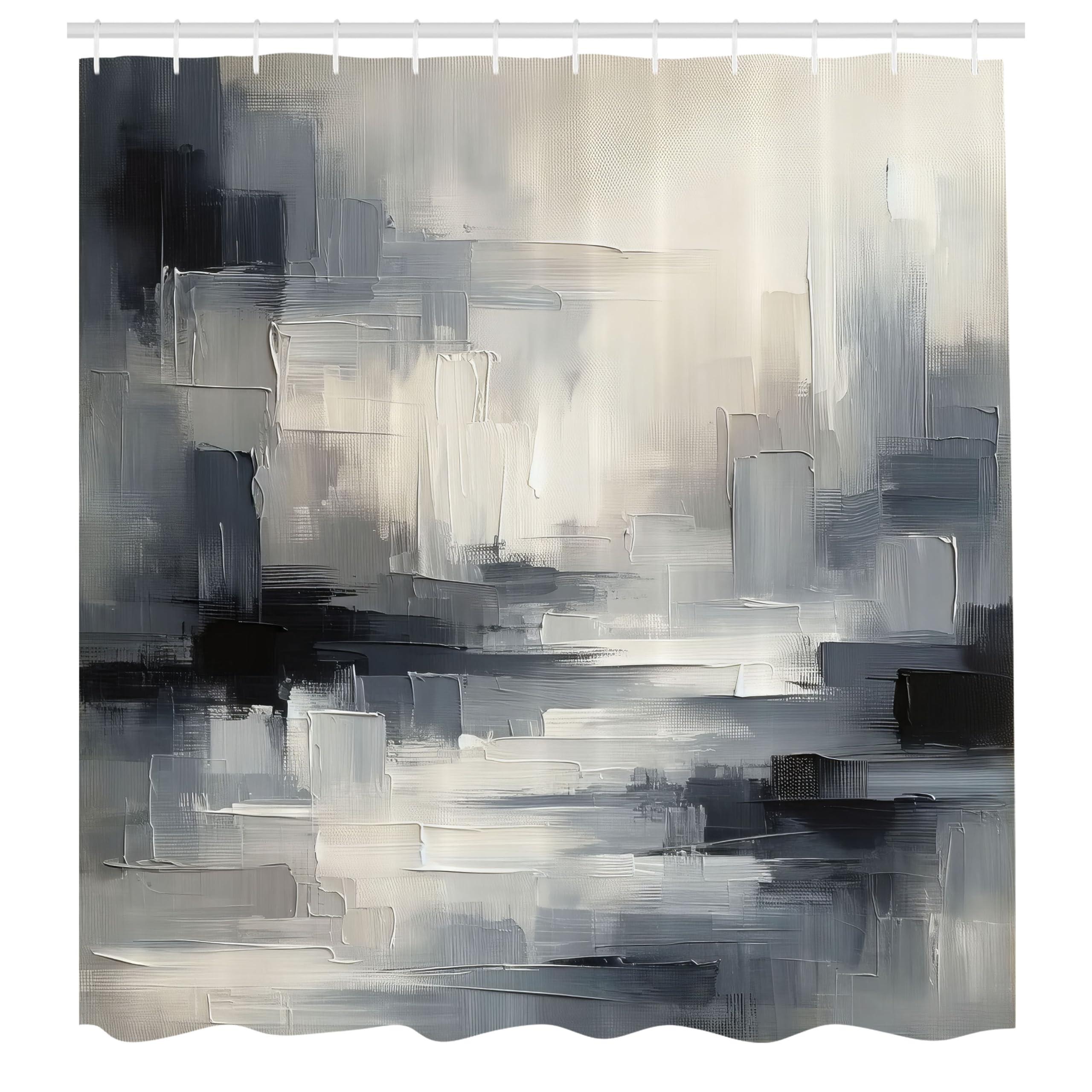 ABAKUHAUS Black and White Shower Curtain, Grunge Modern Art, Cloth Fabric Bathroom Decor Set with Hooks, 175 x 200 cm, Eggshell Blue-Grey