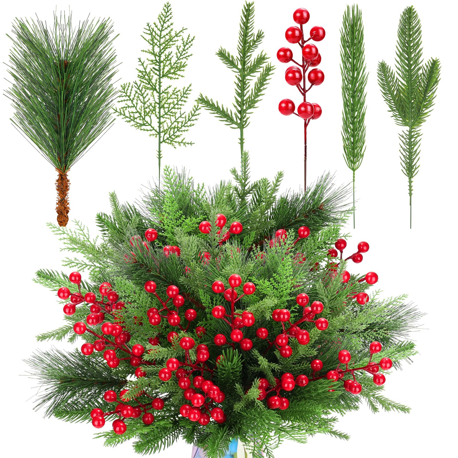 Photo 1 of 70PCS Artificial Pine Branches Christmas Greenery - Artificial Pine Needles Branches with Red Berry Stems Fake Pine Branches Set for DIY Christmas Tree Wreath Garland Crafts Holiday Home Decoration