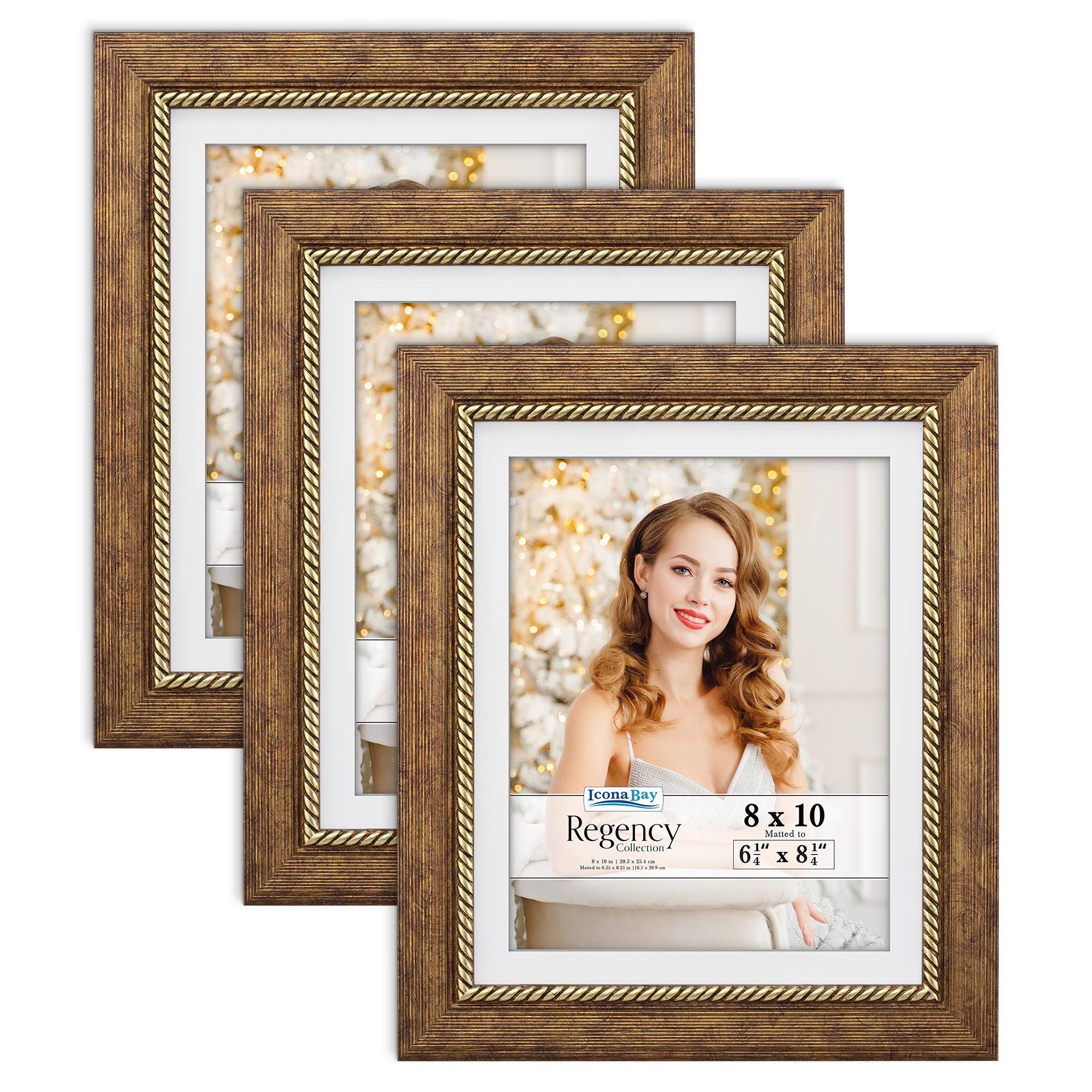 Icona Bay 10x8 Picture Frames w/Mat (Copper Brown, 3 Pack), Baroque Style Photo Frames 10 x 8, Wall Mount or Table Top, Regency Collection