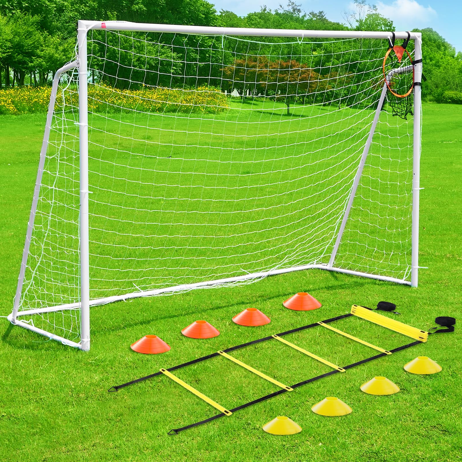 Photo 1 of Soccer Goal 12x6,10x6.5, 8x6, 6x4FT Soccer Goals for Backyard Metal Soccer Goals for Kids Youth Adults Large Outdoor 2" Steel Soccer Goal Post Frame with Soccer Net Target Net Agility Ladder