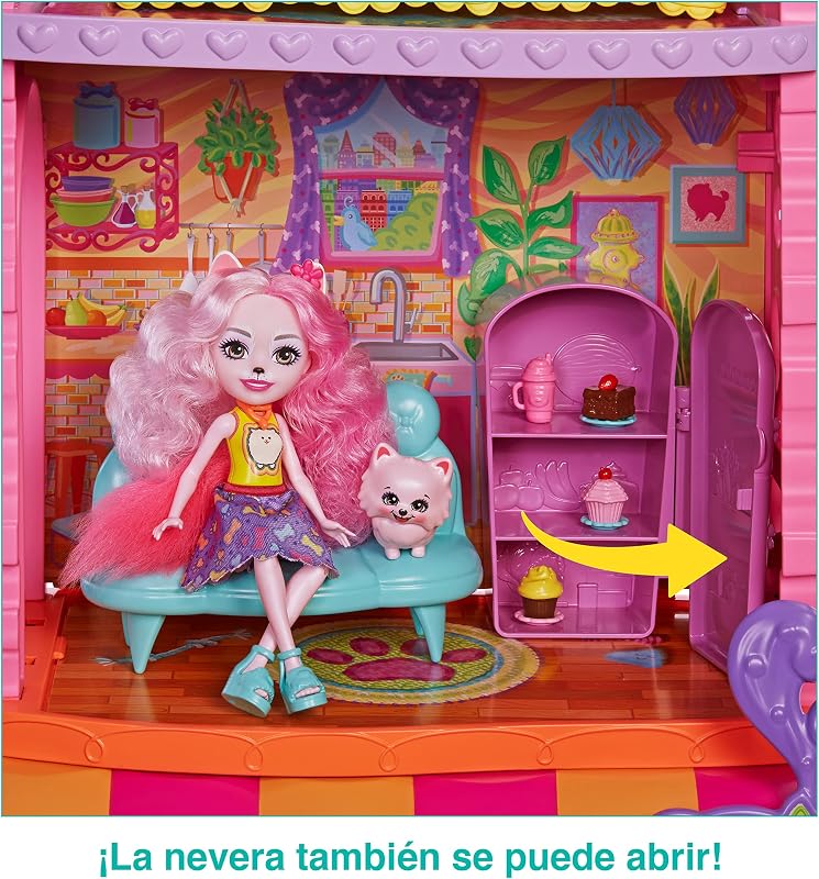City Tails Apartamento de Palmer Pomeranian y Pommy SIOC Casa de muñecas 3 pisos con figura, mascota perrito, muebles y accesorios, juguete de regalo +4 años (Mattel HHC18)