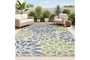 JONATHAN Y Floral Textured Weave Indoor Outdoor Area Rug 8X10 Navy/Green, Zinnia Modern for Backyard, Patio, Porch, Easy-Cleaning, High Traffic, Pet-Friendly, Non-Shedding (SMB110B-8)
