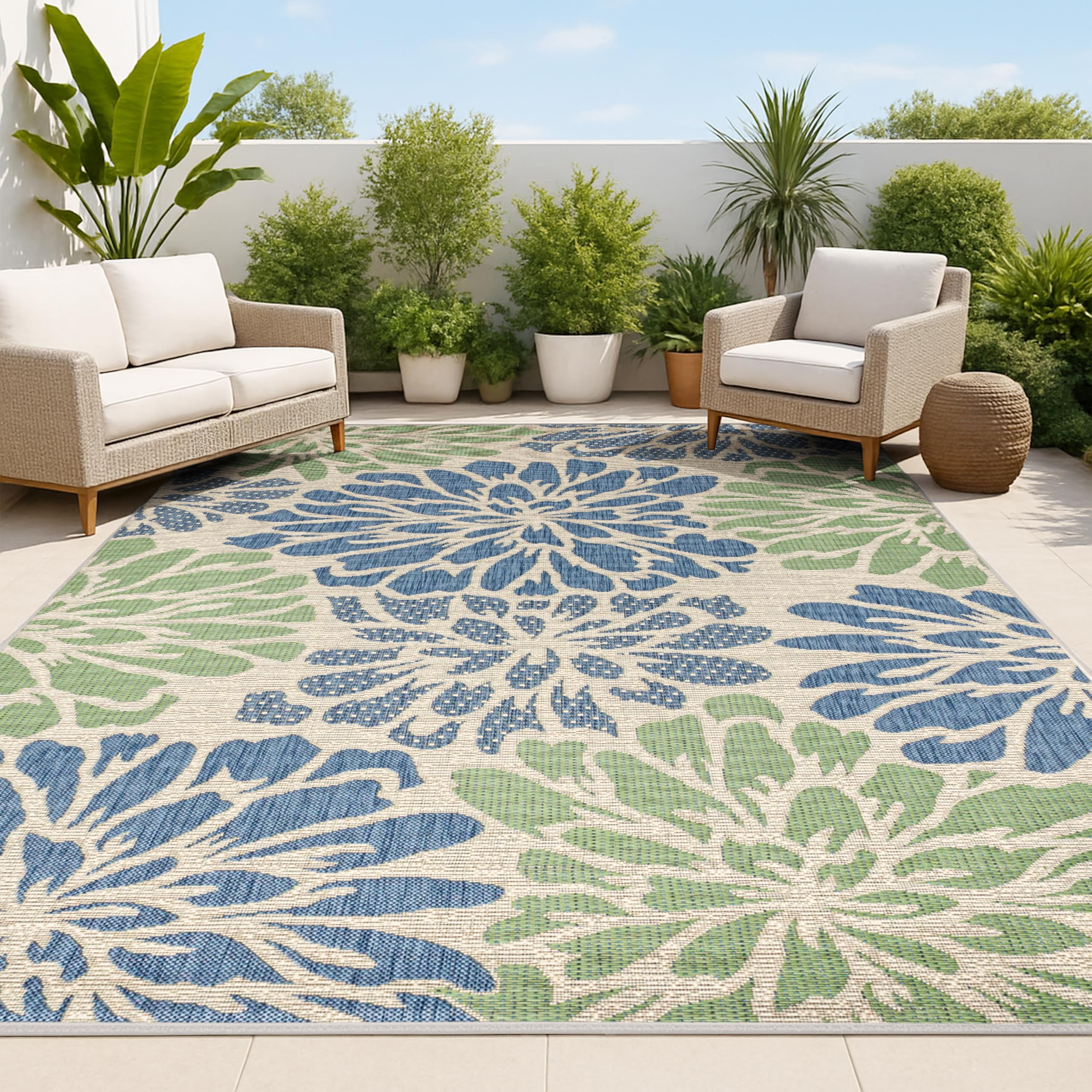 Photo 1 of JONATHAN Y SMB110B-8 Zinnia Modern Floral Textured Weave Indoor Outdoor Area Rug Bohemian Coastal Easy Cleaning Bedroom Kitchen Backyard Patio Non Shedding, 8 X 10, Navy/Green