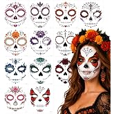 Day of the Dead Face Tattoos Catrina Makeup Kit for Sugar Skull Mask Women | Dia de los Muertos Decorations Accessories Face Paint Costumes for Halloween Temporary Tattoos Skeleton Face Stickers Adults