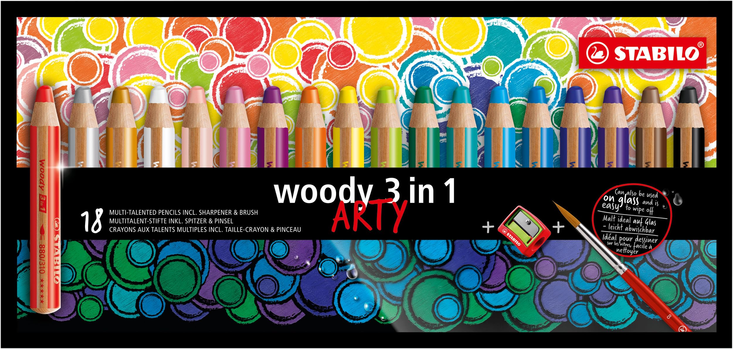STABILO woody 3-in-1 - Multi-Talented Pencil - ARTY - Pack of 18 - Assorted Colours with Sharpener and Paint Brush