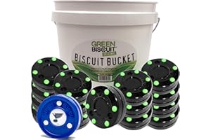 Green Biscuit Roller Hockey Puck Bucket 15 Pucks NHL Biscuit/GB Sticker- NHL Official Off Ice Hockey Pucks for Stick Handling, Passing, & Shooting Practice- Outdoor Street Hockey Puck-Dia 3",Thick 1"