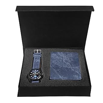 CM-105WL-05 Combo of Mens Black Dial Analogue Watch and Blue Denim Wallet