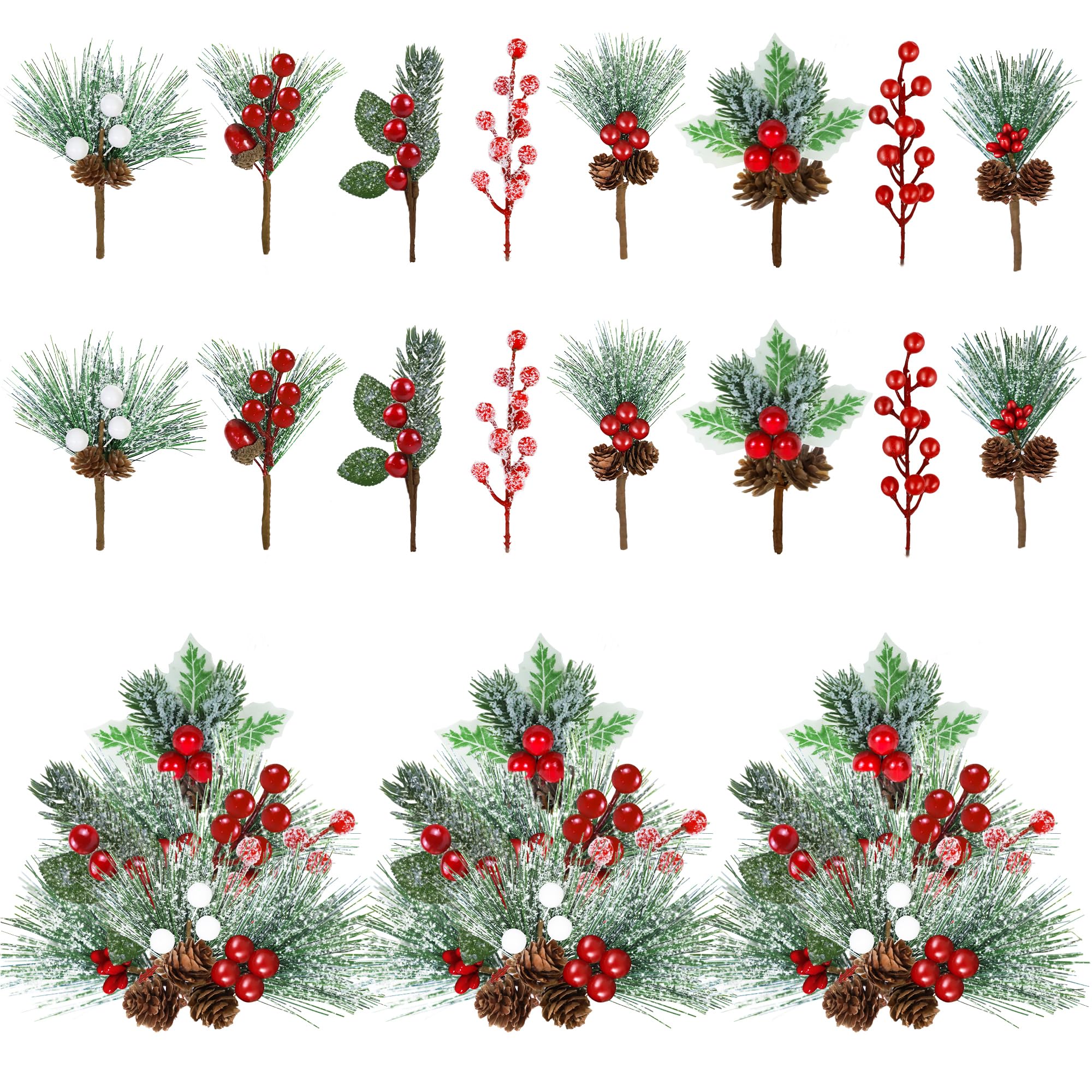 Photo 1 of Christmas Decorations - 40 Packs Snow Artificial Christmas Picks Red Berry Stems Sprays Faux Cedar Holly Pine Needles Branches Christmas Tree Picks for Xmas Winter Holiday DIY Crafts Wreath Tree