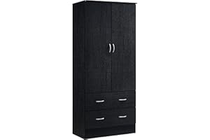 HODEDAH 2 Door Wood Wardrobe Bedroom Closet with Clothing Rod inside Cabinet and 2 Drawers for Storage, Black
