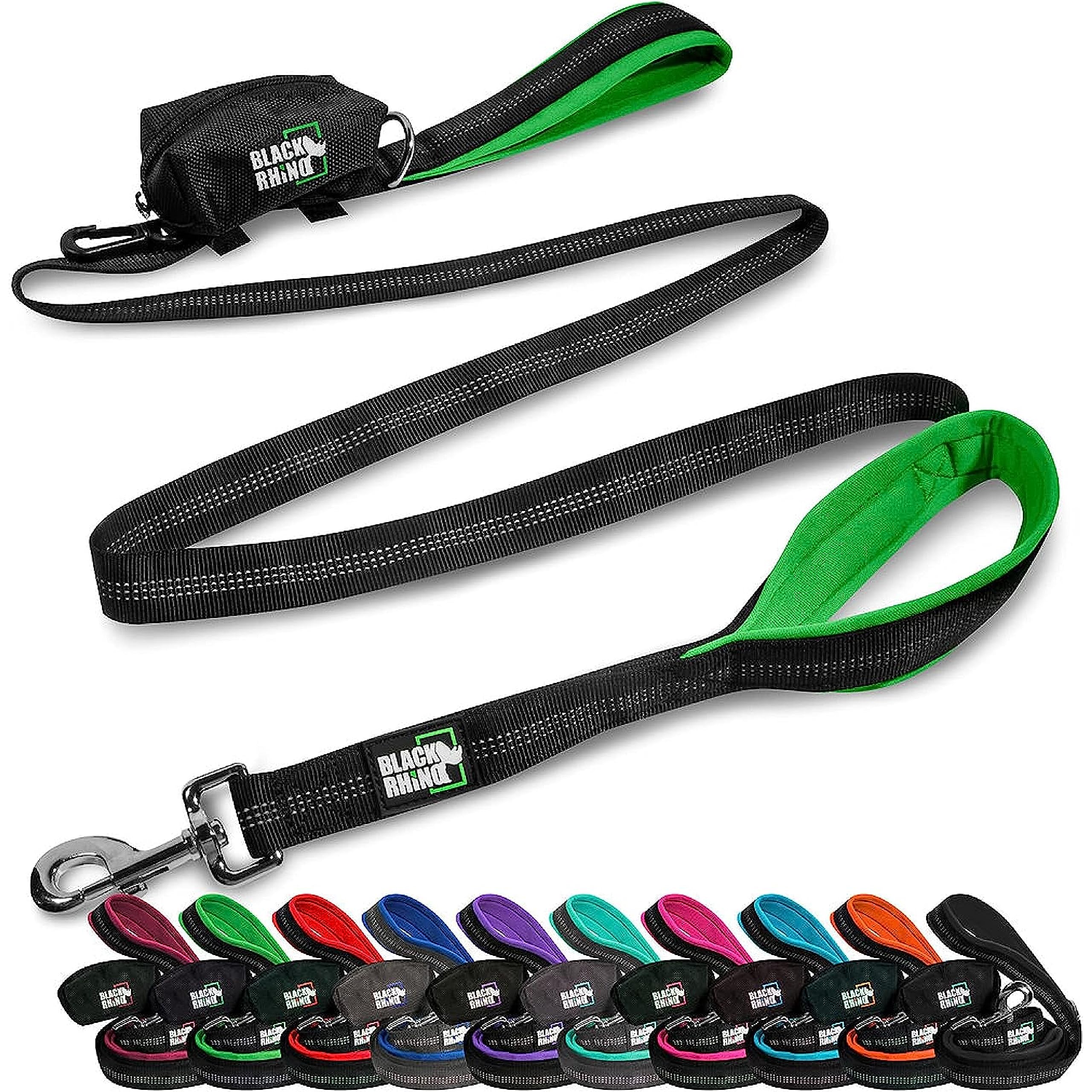 Black Rhino Dog Leash - Heavy Duty - Medium & Large Dogs | 6ft Long Leashes | Two Traffic Padded Comfort Handles for Safety Control Training - Double Handle Reflective Lead (Green)