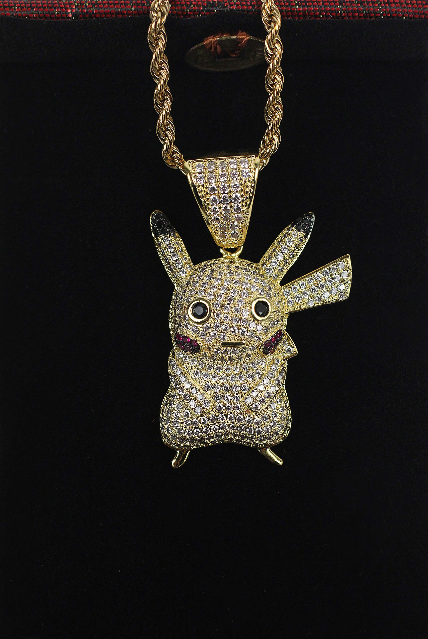 MTCLFTOO Hip Hop Pikachu Pendant Necklace, Jewelry Unisex Iced Out Necklace with Rope Chain+Mala Beads Bracelet Gift for Men Women Kids-Gold