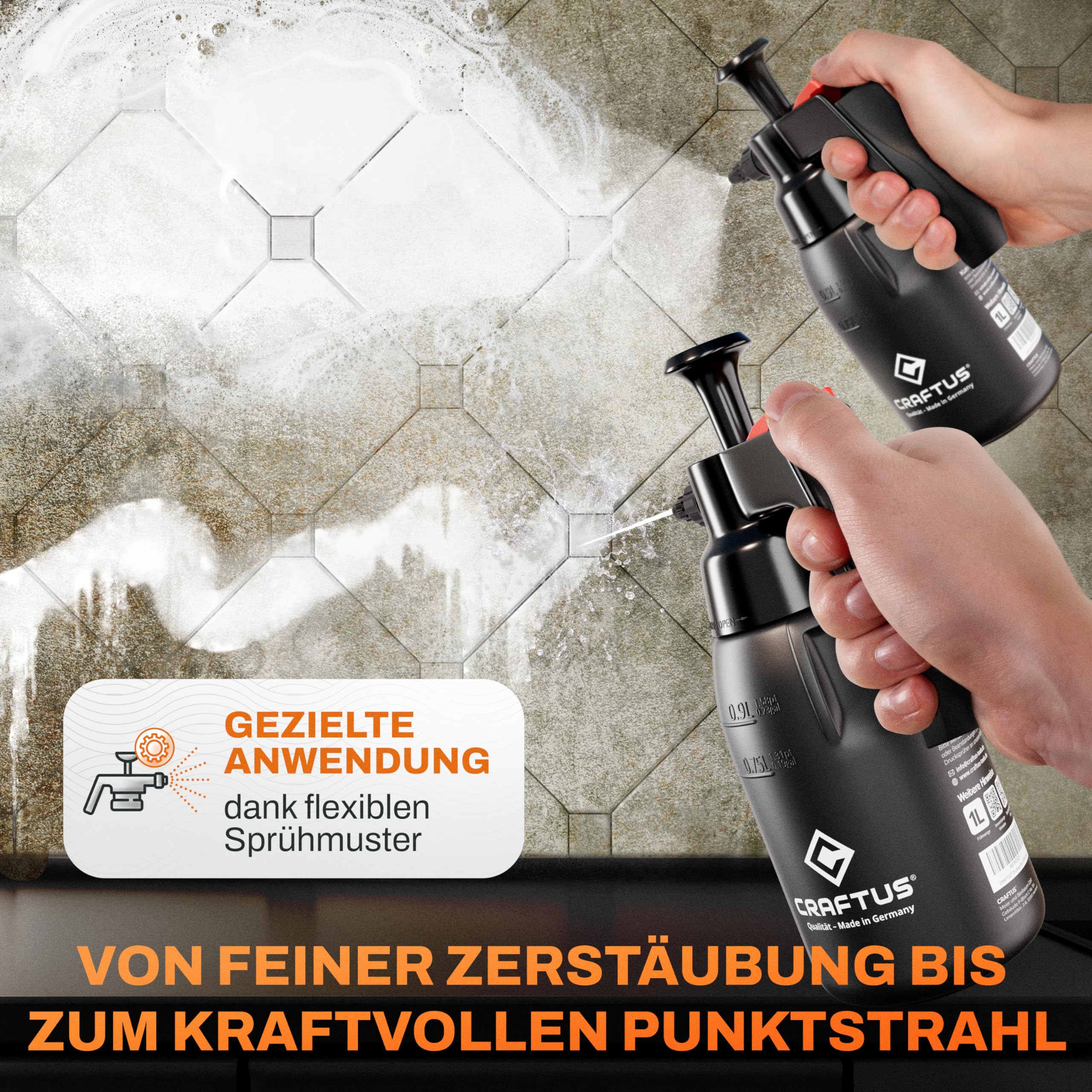 CRAFTUS® Drucksprüher 1L für gleichmäßige Verteilung von Flüssigkeit I Pumpsprühflasche für KFZ, Haus, Garten, Reinigungsmittel UVM. I Pumpflasche mit Überdruckventil & Verstellbarer Düse 4