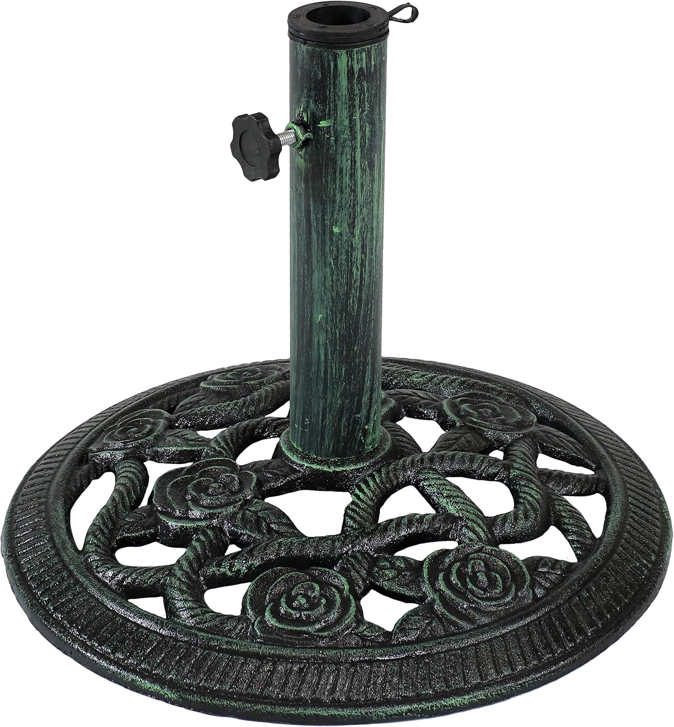 Amazon Com Sunnydaze Outdoor Patio Umbrella Base Stand Cast Iron Heavy Duty Umbrella Base Decorative Rose Blossom Design Green 16 Inch Diameter Garden Outdoor