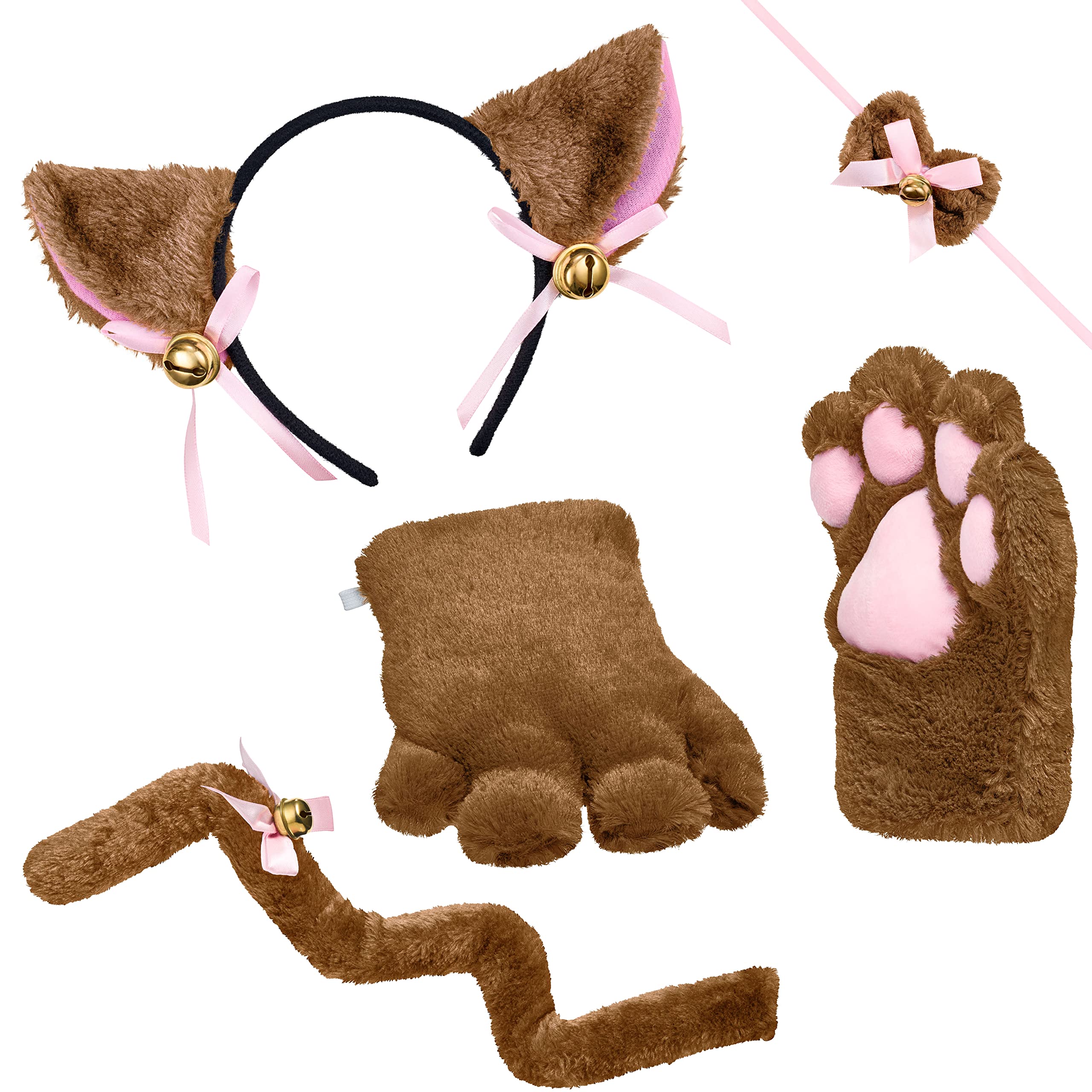 Balinco Cat Costume Set, Cat Ears Hairband + Plush Paws + Bow Tie + Cat Tail, Animal Dress, Anime, Cosplay Party, Halloween, Carnival (Brown)