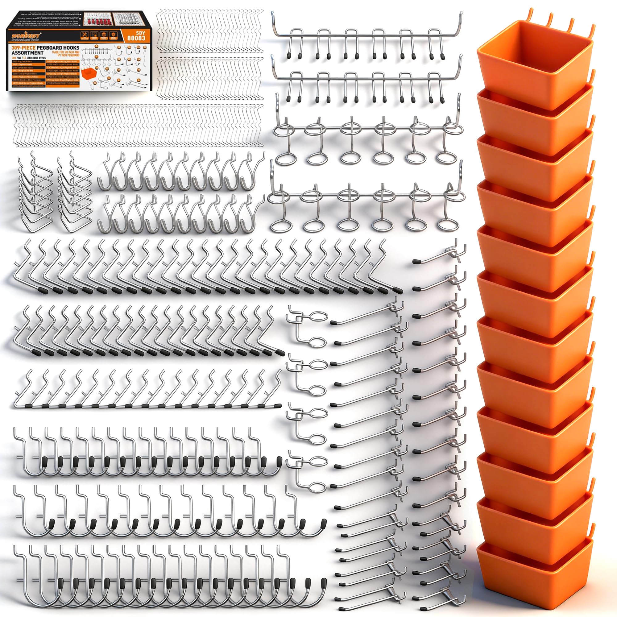 HORUSDY 309 PCS Pegboard Hooks Assortment Kit – 17 Types Heavy Duty Peg Board Hooks & Organizer Accessories – Fits 1/8 & 1/4 Inch Pegboard Durable Metal Wall Hooks for Garage Kitchen Workshop Image