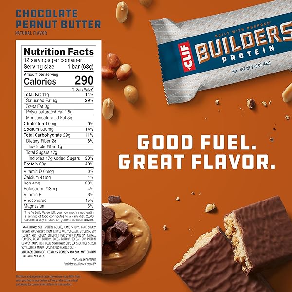 CLIF BUILDERS – CHOCOLATE PEANUT BUTTER FLAVOR – PLANT BASED PROTEIN BARS – GLUTEN FREE – NON-GMO – LOW GLYCEMIC – 20G PROTEIN – 2.4 OZ. (12 PACK)