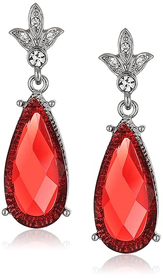 1928 Jewelry Silver-Tone Red Faceted Teardrop and Crystal Drop Earrings