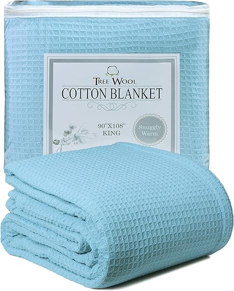 Amazon Com Treewool 100 Cotton Thermal Blanket 440 Gsm Soft Premium Breathable All Season Blanket In Waffle Weave King Size 90 X 108 Light Blue Kitchen Dining