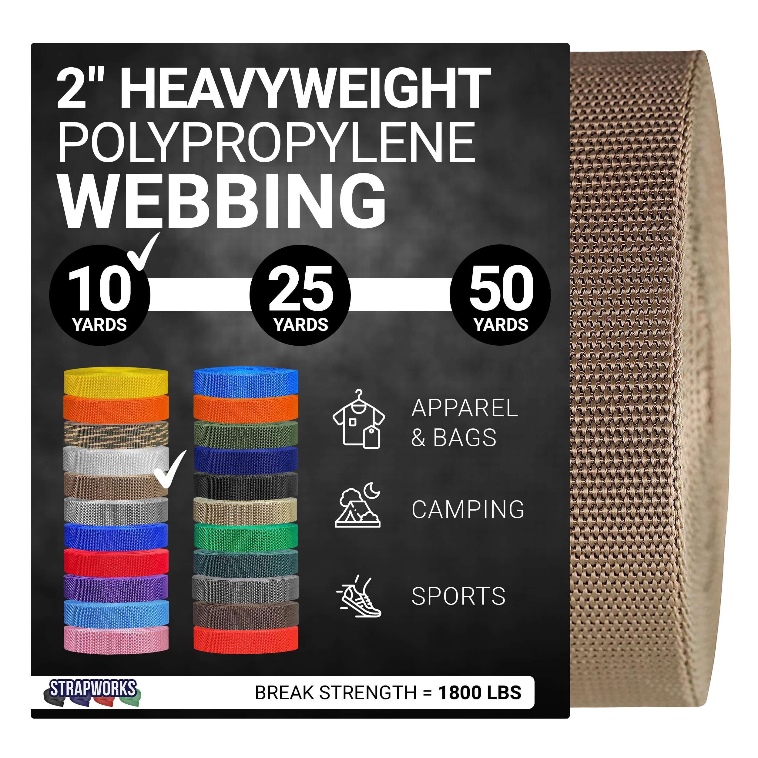 Strapworks Heavyweight Polypropylene Webbing - Heavy Duty Poly Strapping for Outdoor DIY Gear Repair, 2 Inch x 10 Yards - Tan