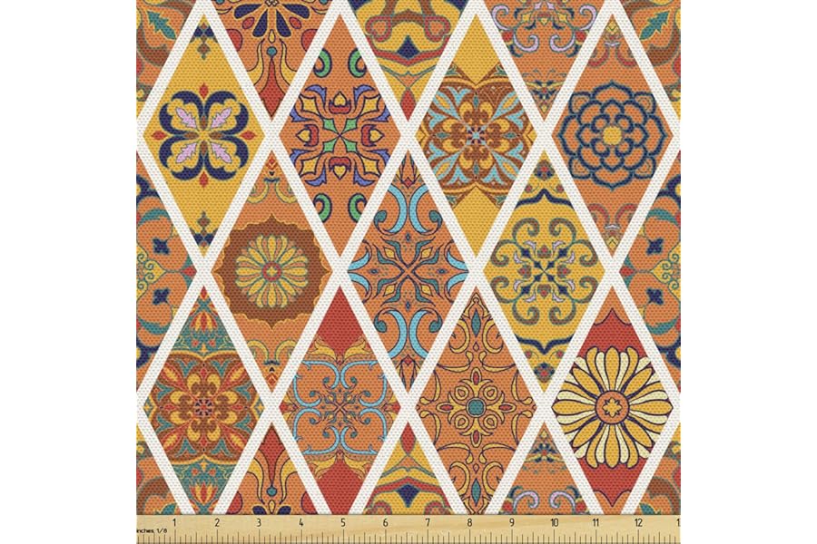 Lunarable Mosaic Fabric by The Yard, Traditional Azulejo Talavera Moroccan Boho European Rhombus Print, Decorative Fabric for Upholstery and Home Accents, 3 Yards, Orange Mustard