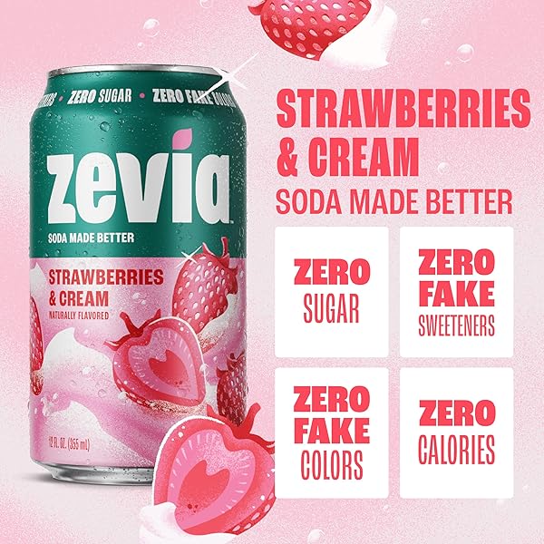 ZEVIA ZERO SUGAR SODA, STRAWBERRIES AND CREAM, 12 OZ CANS (6-PACK) – CAFFEINE FREE, NATURALLY SWEETENED, NO CALORIE SODA – NON-GMO PROJECT VERIFIED, GLUTEN-FREE, VEGAN