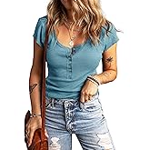 HERILIOS Women's Short Sleeves Snap Button Down Blouses Stretchy Waffle Knit Basic Crew Neck Henley Shirts