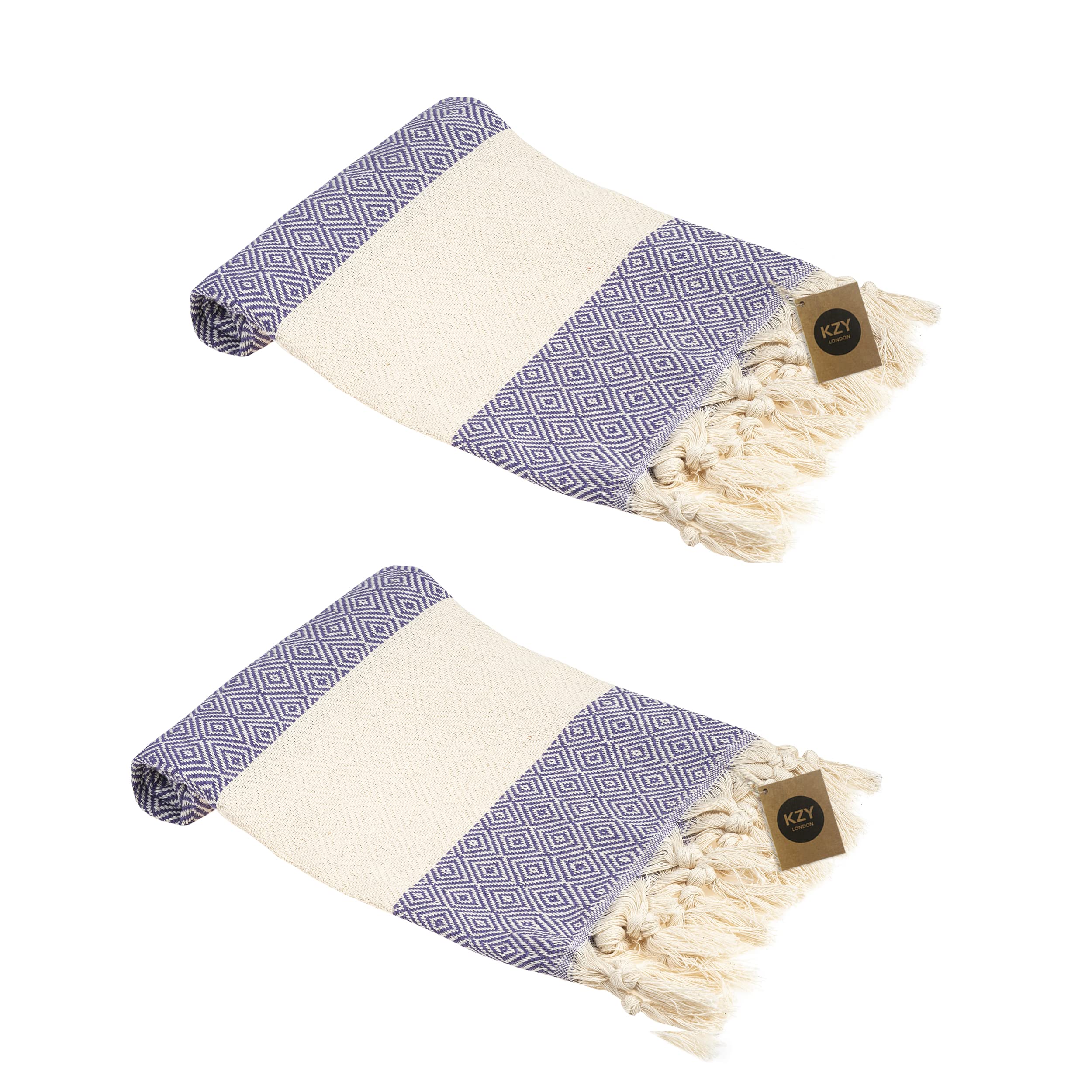 KZY LONDON Turkish Hand Towel Set of 2 - Towel for Kitchen and Bathroom - 50x100cm, 18,5x40 Inches - Prewashed Absorbent Peshtemal Decorative Towel for Face, Hand, Hair, Gym, Travel (Purple)
