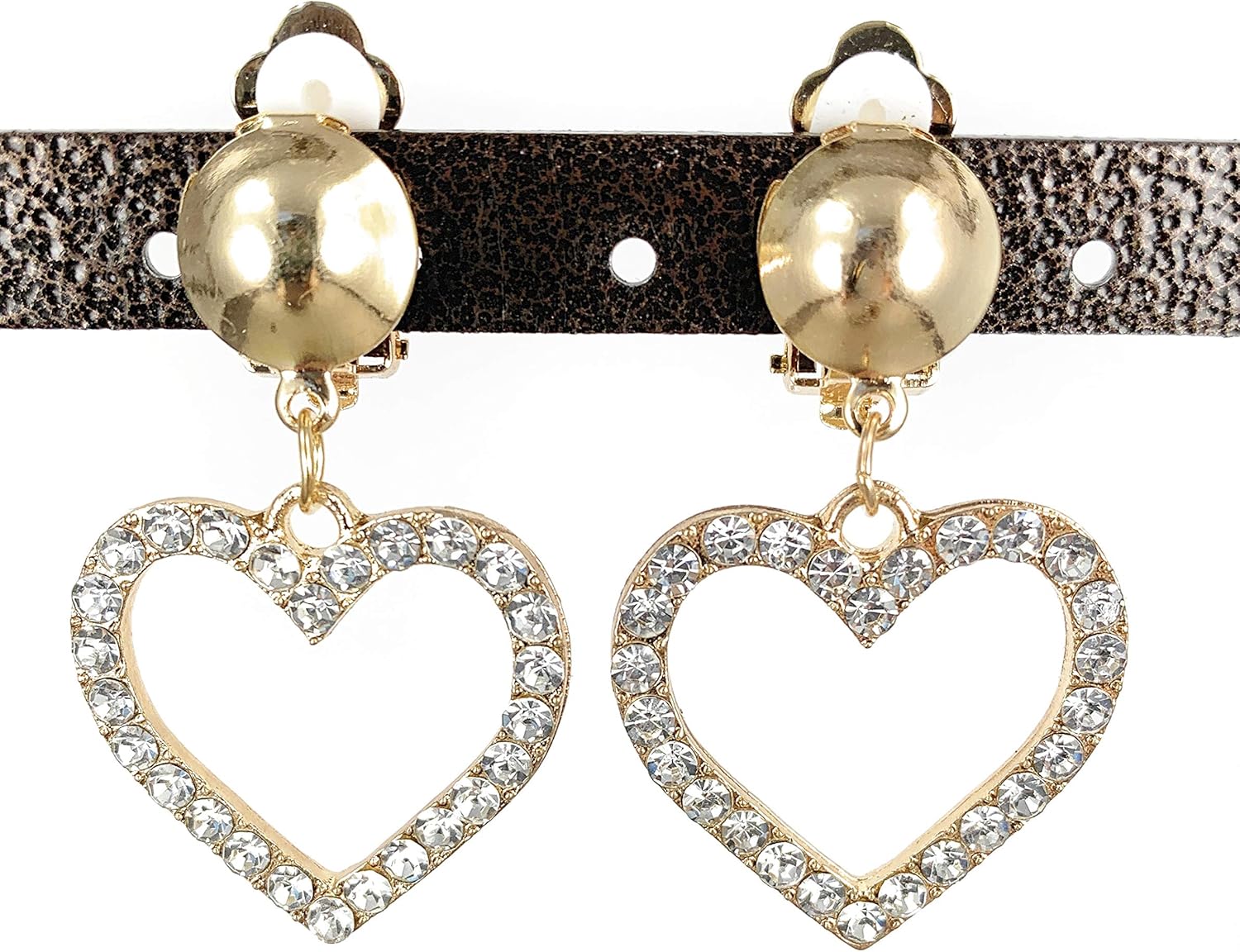 Gold Clip On earrings clear crystal heart pendant clips