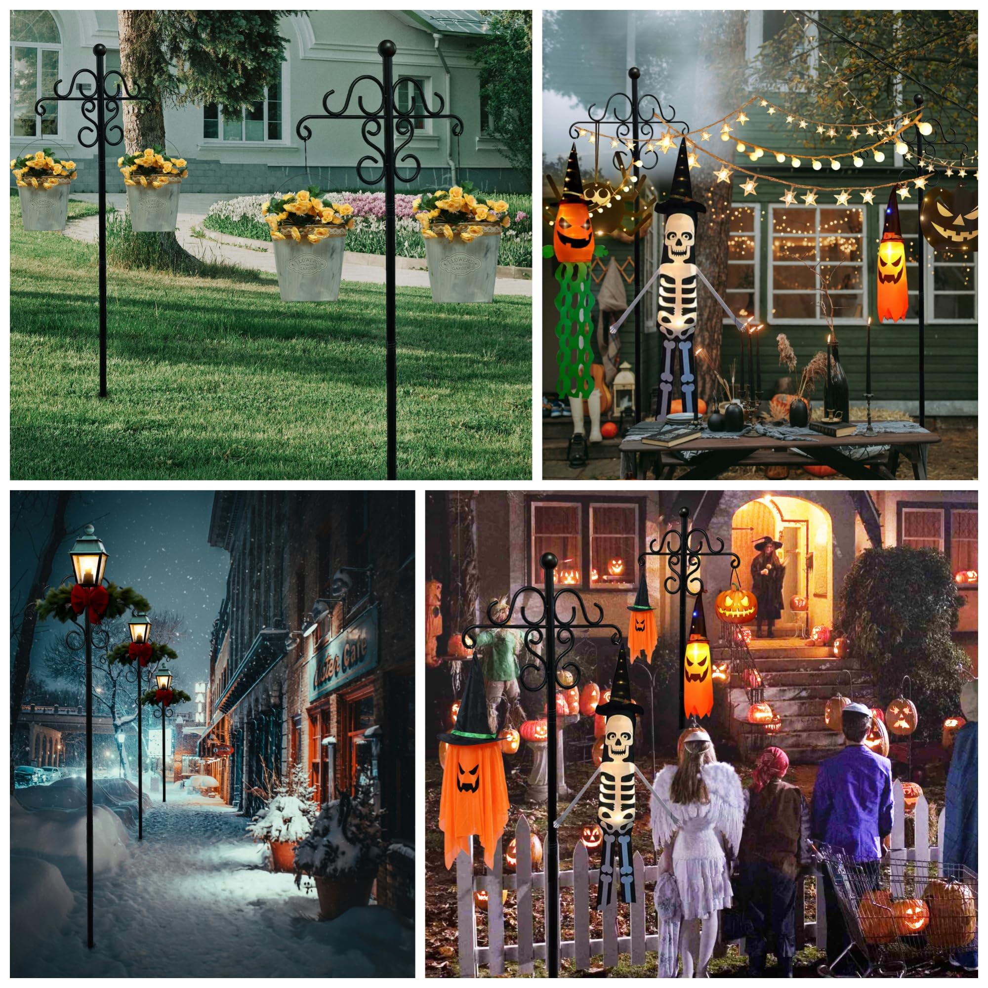 108 Inch 2 Pack Double Shepherds Hooks for Outdoor with 5 Prongs Base, Adjustable Heavy Duty Bird Feeder Poles, Garden Multi Hooks Hanger Stands for Hanging Bird Feeder, Plant Baskets, Solar Lanterns