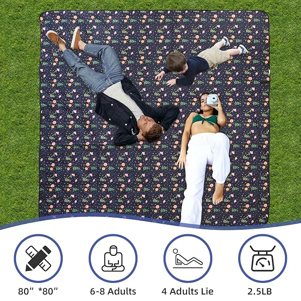 PICYALO OUTDOOR PICNIC BLANKET BLUE FLORAL 80″X80″ LARGE SANDPROOF BEACH BLANKET WATERPROOF PICNIC BLANKETS FOLDABLE FOR CAMING, BEACH, OUTDOOR ACTIVITIES.