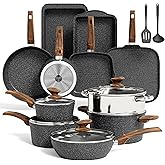 MAISON ARTS 17 Piece Pots and Pans Set Non Stick, Kitchen Cookware Sets with Nonstick Granite Stone Coating, Suitable for Induction Cooktops, Black