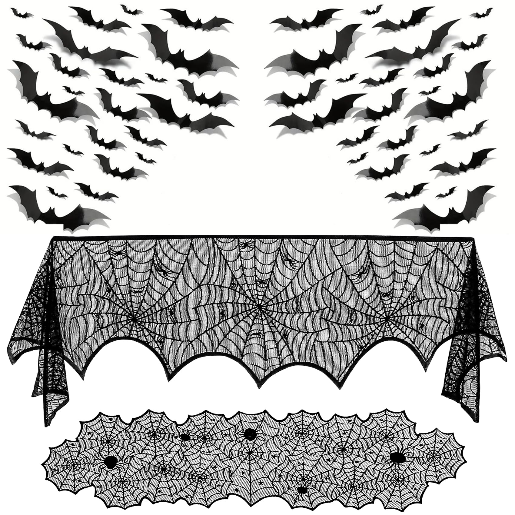 Photo 1 of 3 Pack Halloween Decorations Sets, Black Lace Spider Webs Table Runner & Halloween Cobweb Fireplace Scarf with 120 pcs 3D Bat for Halloween Indoor Decors Party Supplies