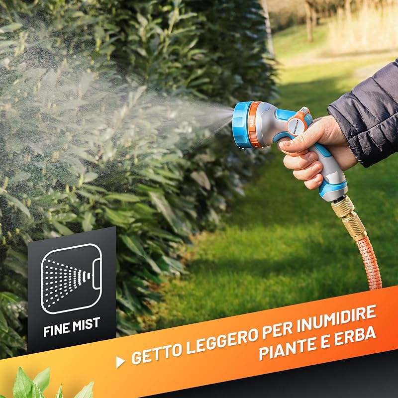 Pistola Acqua Giardino - 5 Tipi di Spruzzi - Pistola per Irrigazione Ultraleggera per Tubo Acqua con Spruzzo Multifunzione x Innaffiare Giardino e Lavaggio Auto. Controllo al Pollice.