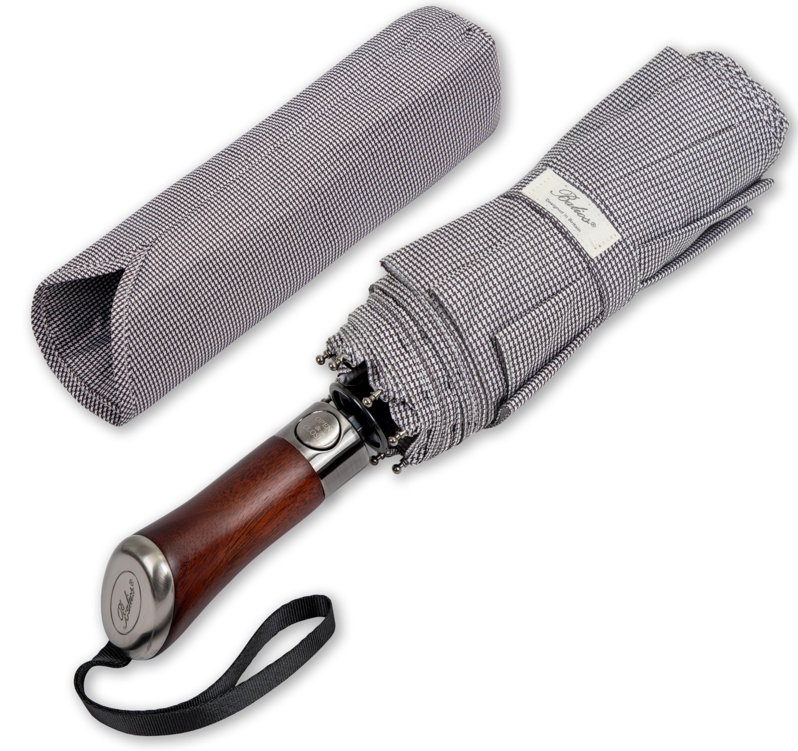 Balios (Designed in UK) Travel Folding Umbrella Lux Hardwood Handle Auto Open & Close Windproof Single Canopy (Houndstooth) — image 1