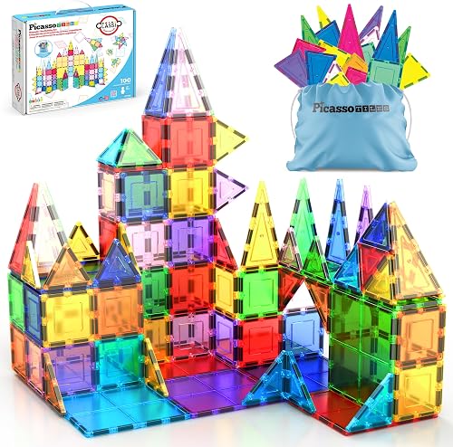 PicassoTiles 100 Piece Set 100pcs Magnet Building Tiles Clear Magnetic 3D Building Blocks Construction Playboards, Creativity beyond Imagination, Inspirational, Recreational, Educational Conventional