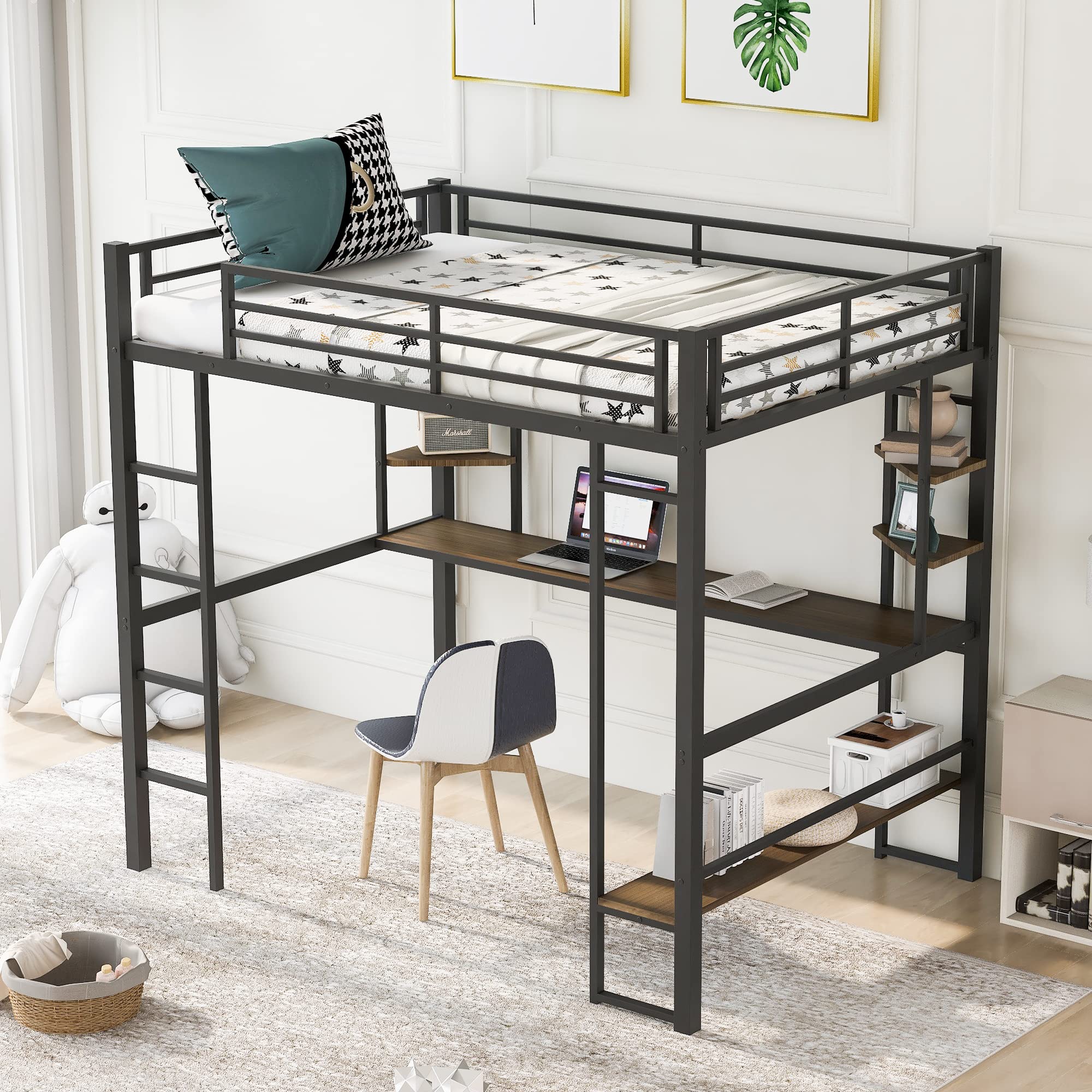 Longrune Metal Full Size Loft Bed with Long Desk and Shelves