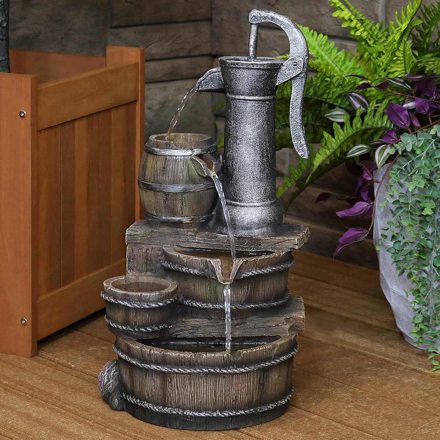 Sunnydaze Cozy Farmhouse Pump and Barrels Outdoor Fountain with LED Lights - Exterior Standing Water Feature - Corded Electric - Ideal for Deck, Yard, Balcony and Landscaping - 23-Inch: Sunnydaze Decor: Kitchen & Dining