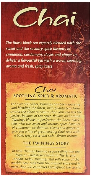 TWININGS CHAI BLACK TEA INDIVIDUALLY WRAPPED BAGS, 20 COUNT (PACK OF 1), SWEET, SAVOURY SPICES, CAFFEINATED, ENJOY HOT OR ICED, 20 TEABAGS