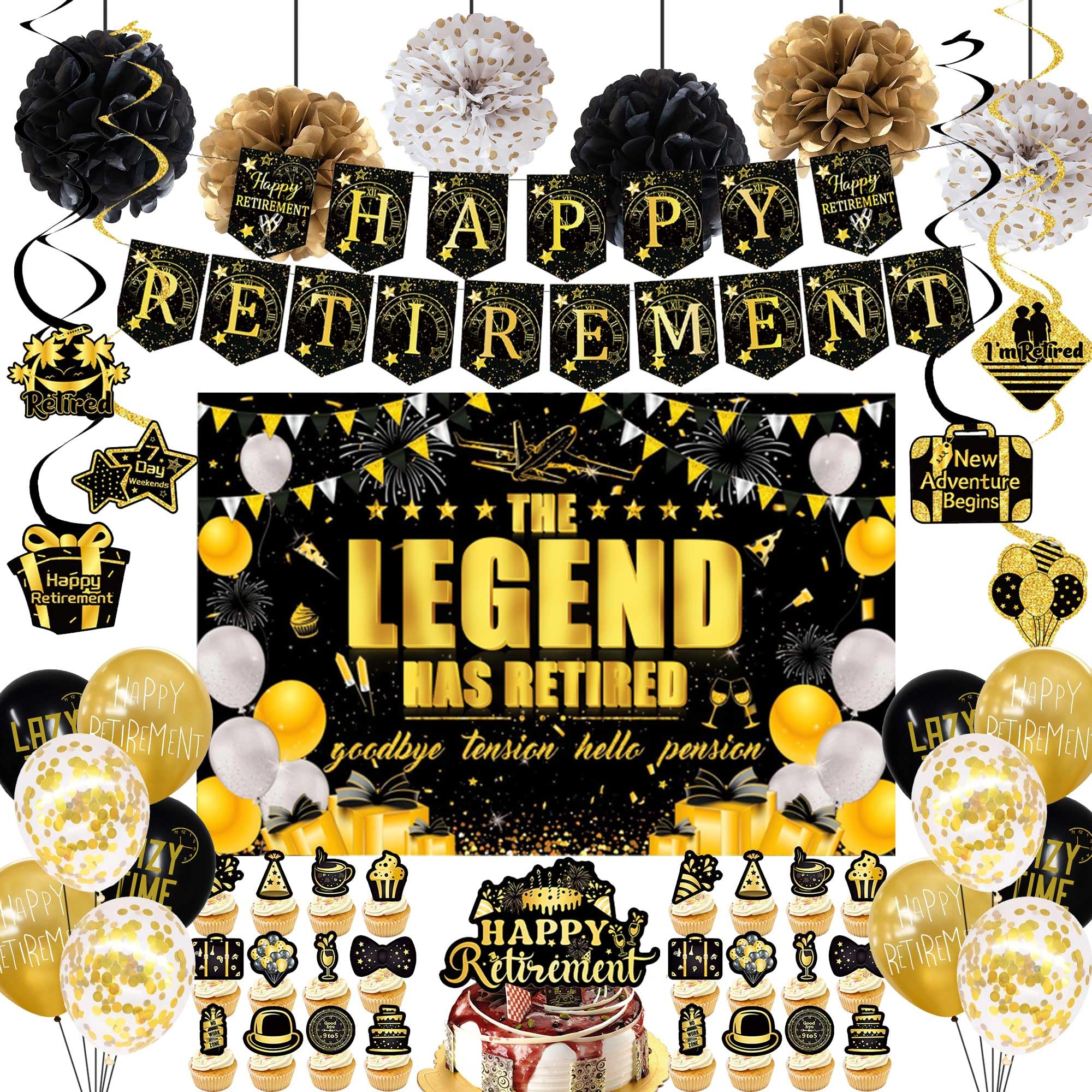 Happy Retirement Balloon Party Decorations - 51 Pcs The Legend Has Retired Backdrop Swirl Retire Cake Topper Latex Balloons Happy Retirement Banner Pom Pom Flowers For Women Men Retire Theme Party