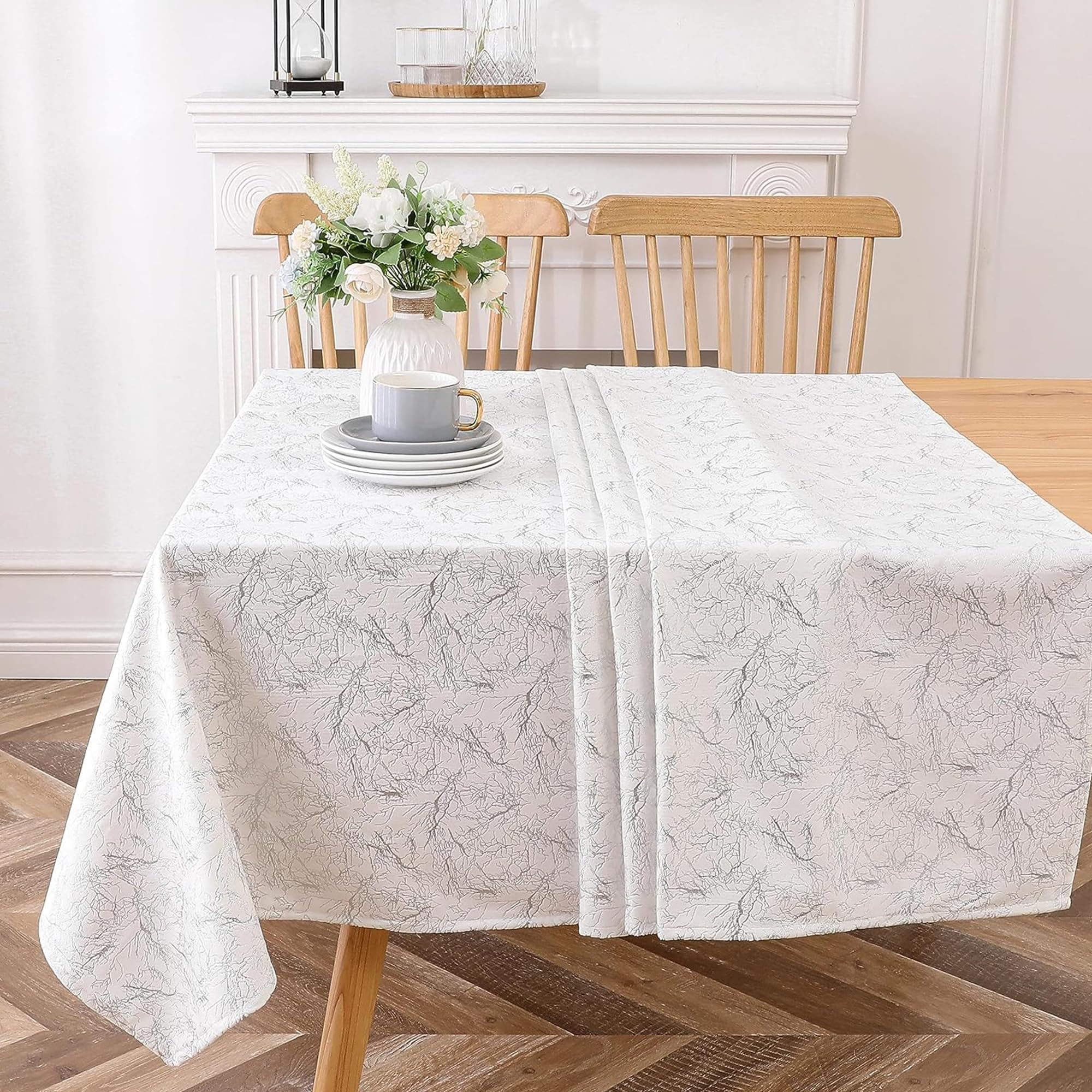 Majestic Giftware Velvet Tablecloths for Rectangle Tables | (70/160) – TC1411 Silver Branch Print Hem Stitch Dining Table Cover | Decorative Washable Rectangle Tablecloth for Kitchen, Dinning, Party