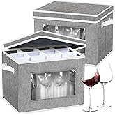 2 Pack Stemware Storage Cases, Wine Glass Storage Box with Dividers, China Crystal Glass Storage Containers Organizer for 24 