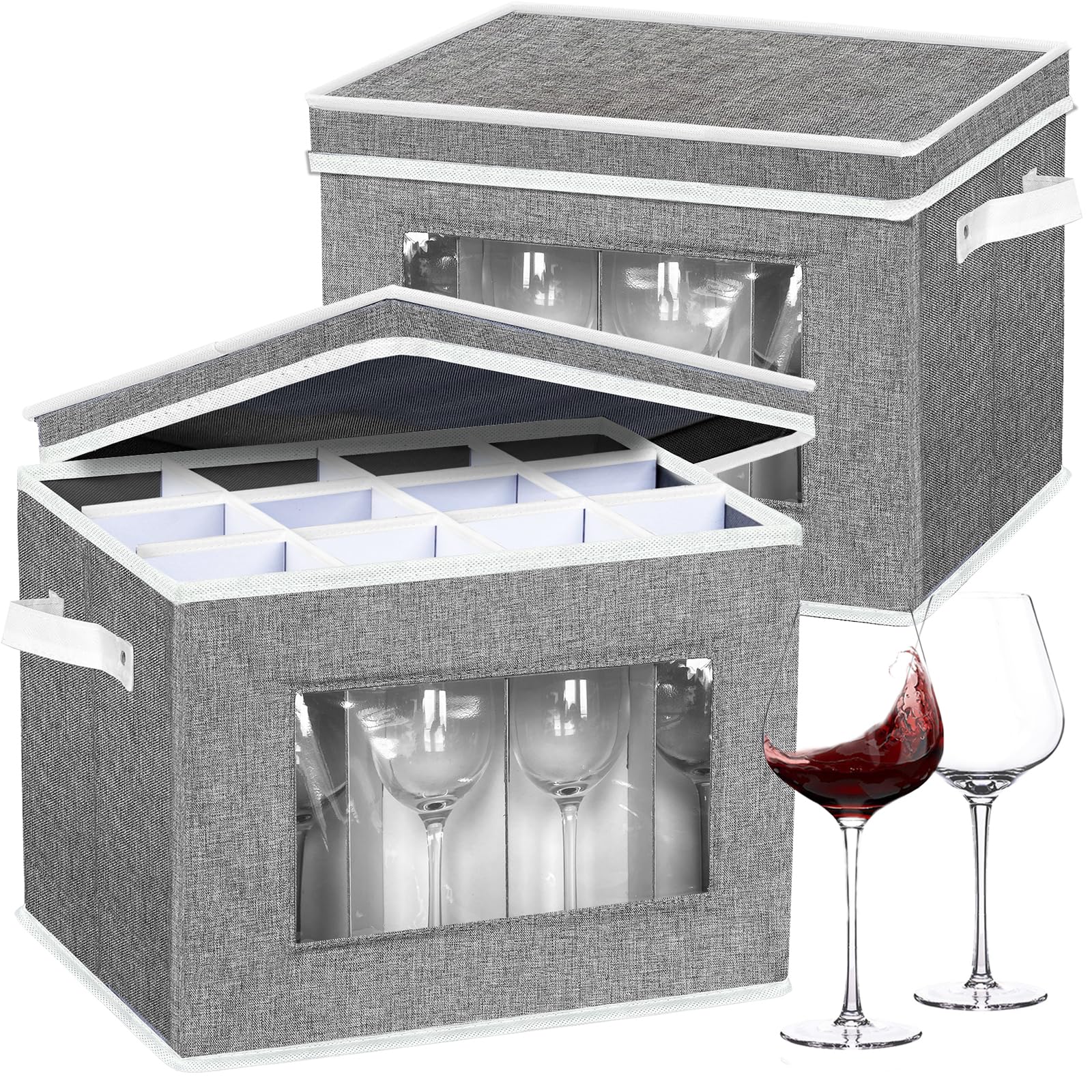 Photo 1 of homyfort 2 Pack Stemware Storage Cases, Wine Glass Storage Box with Dividers, China Crystal Glass Storage Containers Organizer for 24 Glassware Moving and Protection (Grey)