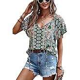 Angashion Women's Summer Tops Casual Floral Print V Neck Ruffle Short Sleeve Loose Tunic T Shirt Blouse