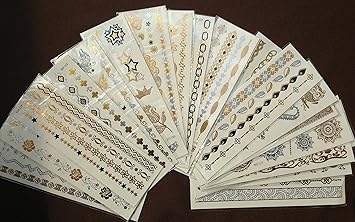 METALLIC TATTOO 10 Bögen Set FAKE TATTOO Flash Tattoo Schmuck Tattoo Kleber für Körper