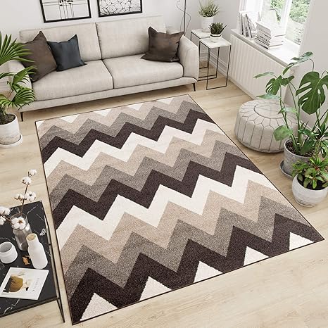Tapiso Zigzag Moroccan Area Rug Living Room Bedroom Brown Beige Modern Durable Carpet Maroko Size 160 X 220 Cm 5ft3 X 7ft3