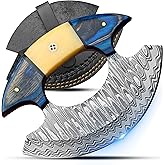 Custom Handmade Damascus Steel Ulu Knife - Alaskan Ulu Knife With Leather Sheath - Multi-Purpose Alaska Knives For Pizza cutting, Skinning, Chopping,Rocking, Mincing, Slicing, Meat & Herb - Bone with pakkawood Handle